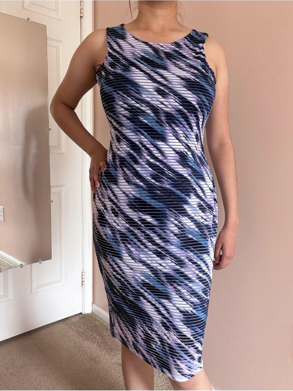 Jennifer Lopez Blue and White Halter Sheath Dress